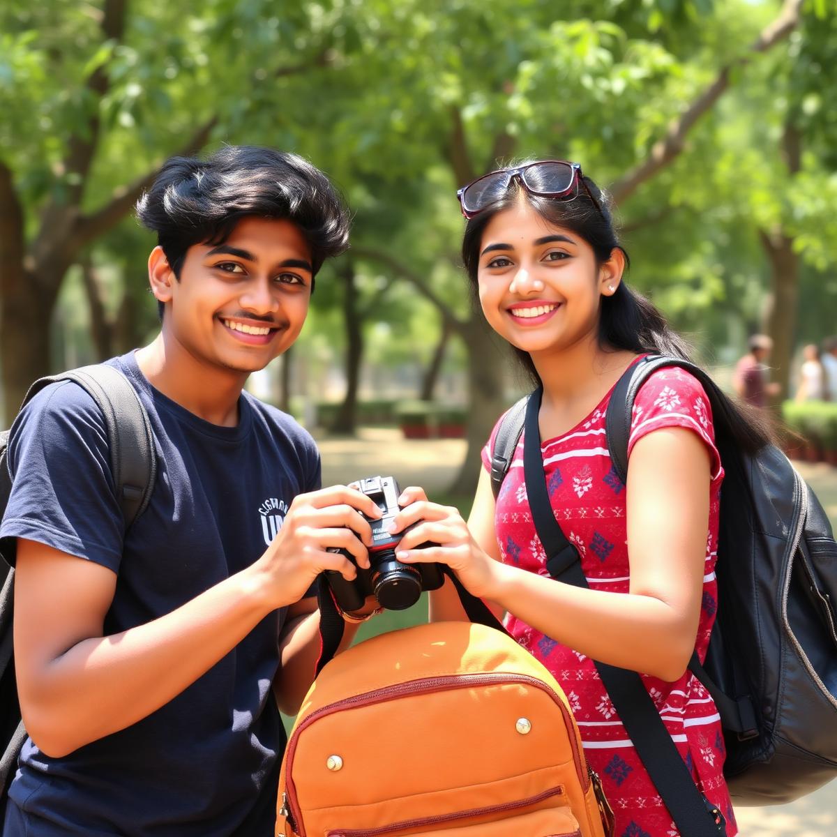 Two students exchanging a camera bag